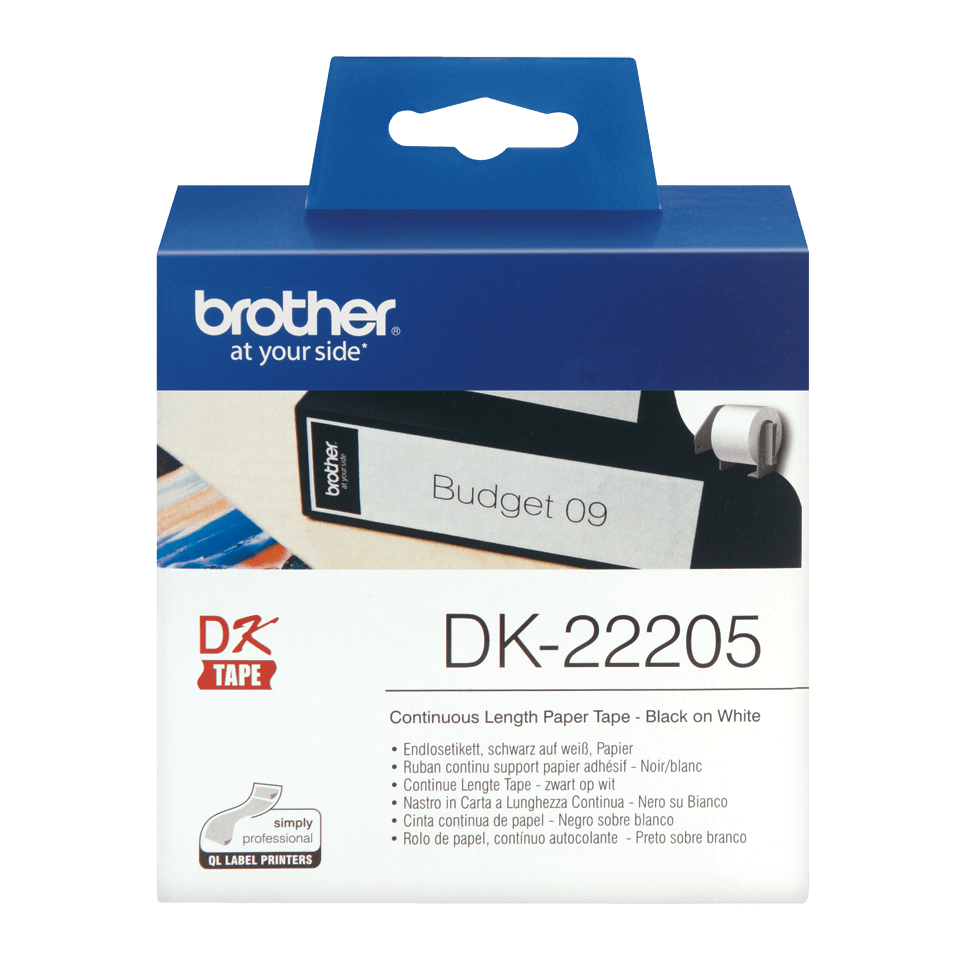 Brother DK22205: неразрезанная бумажная лента для печати наклеек черным на белом фоне, ширина: 62 мм.